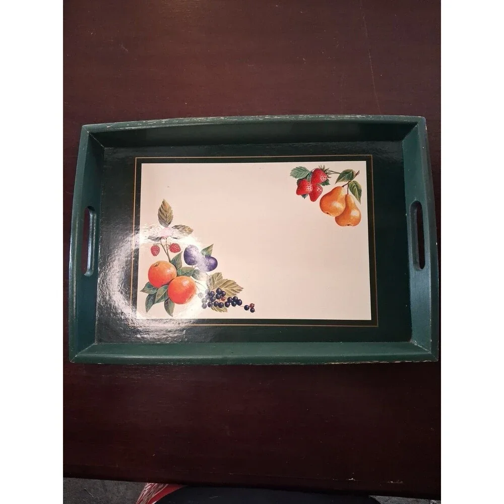 Wooden Serving Display Tray Green With Fruit Motif